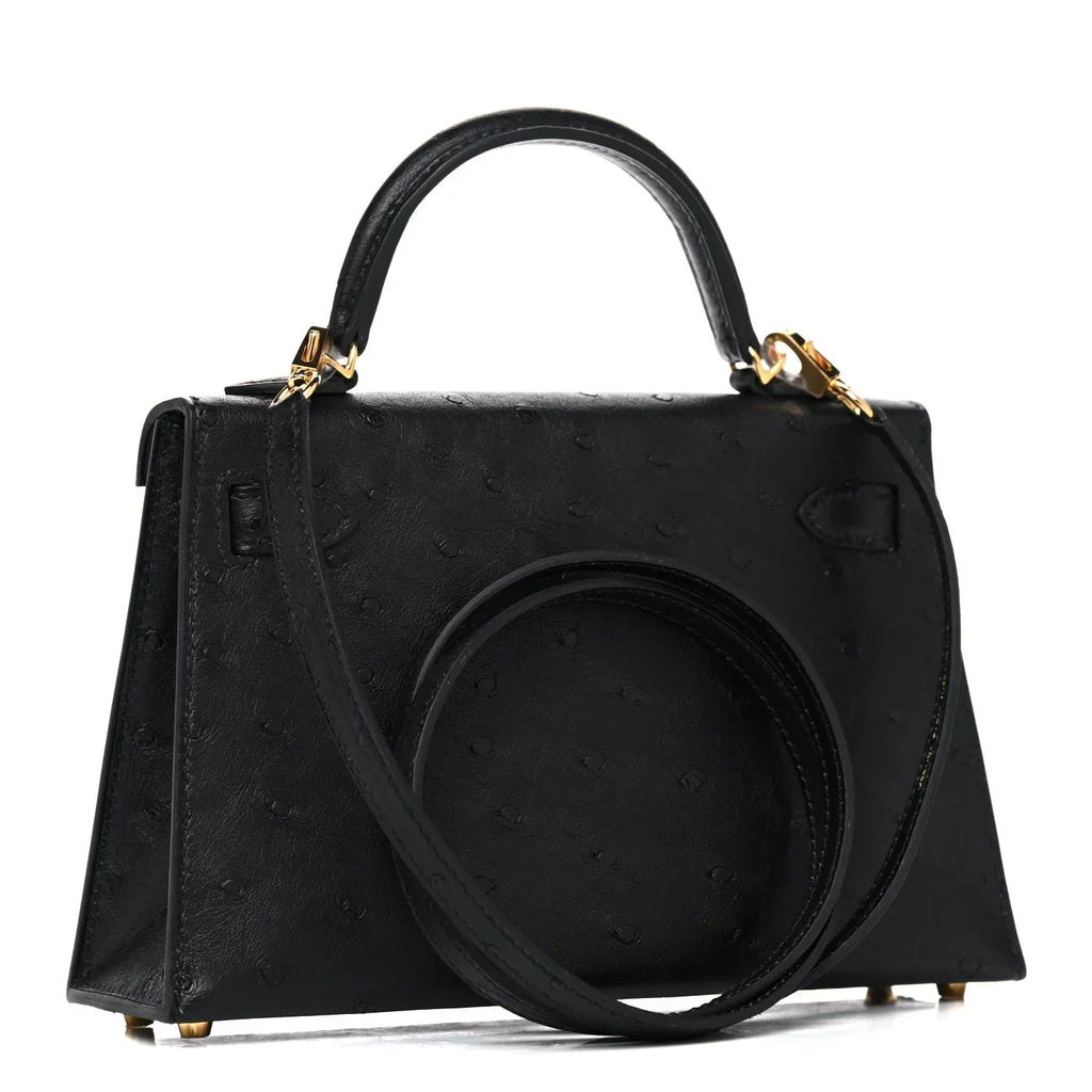 Kelly Sellier Mini 20 Black Ostrich Gold Hardware