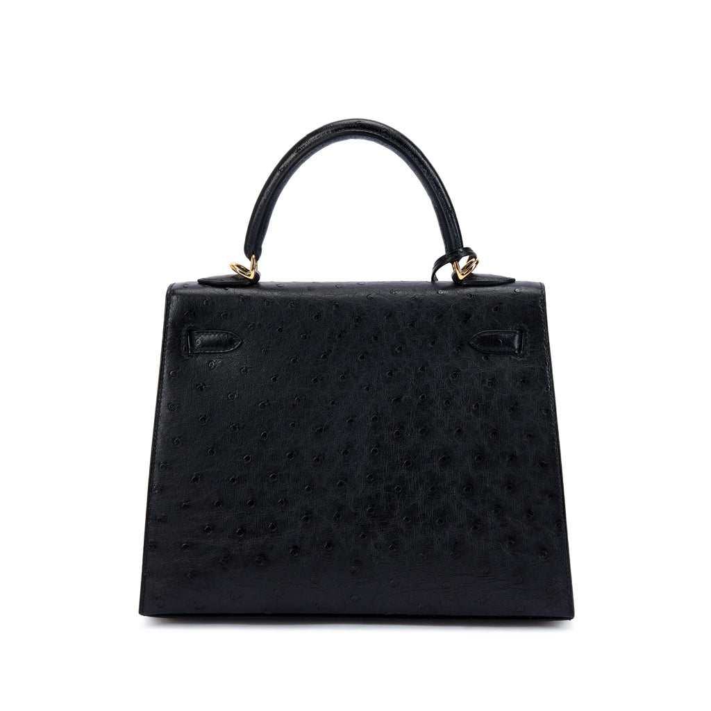 Kelly 25 Sellier Black Ostrich Gold Hardware