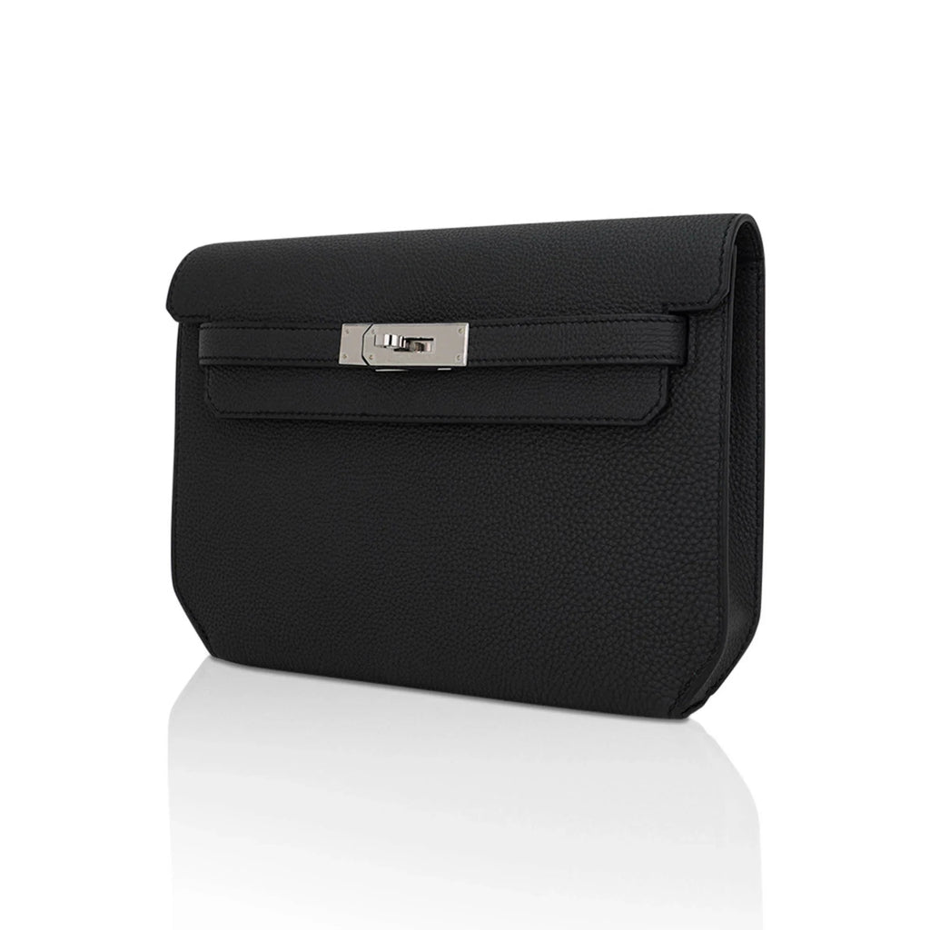 Kelly Depeches 25 Pouch Bag Black Galop D’Leather with Palladium Hardware