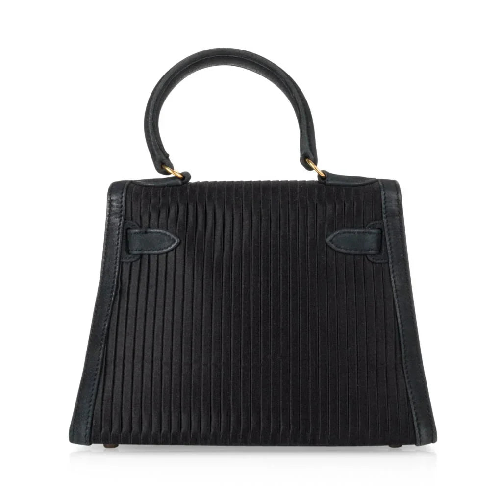 Kelly 20 Mini Vintage Bag Black Pleated Silk Suede Trim Gold Hardware