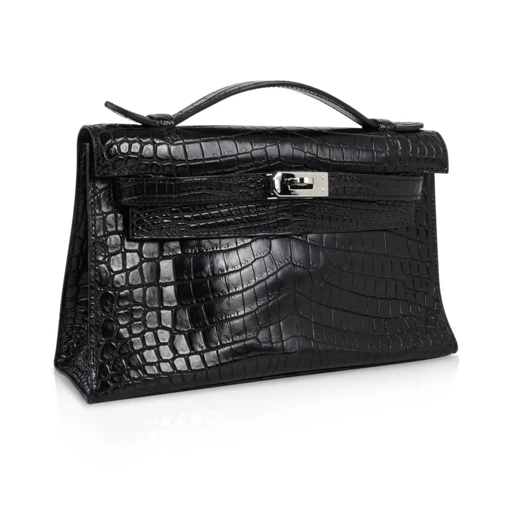 Kelly Pochette Bag Matte Black Crocodile Clutch Palladium