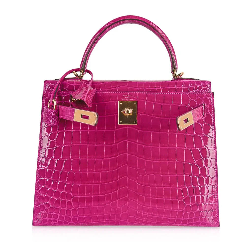 Kelly 28 Sellier Bag Rose Scheherazade Crocodile Gold Hardware