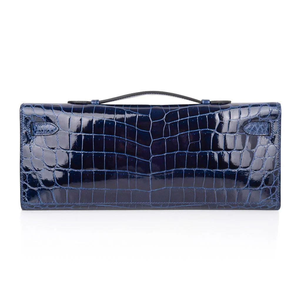 Kelly Cut Blue Sapphire Crocodile Clutch Bag Gold Hardware