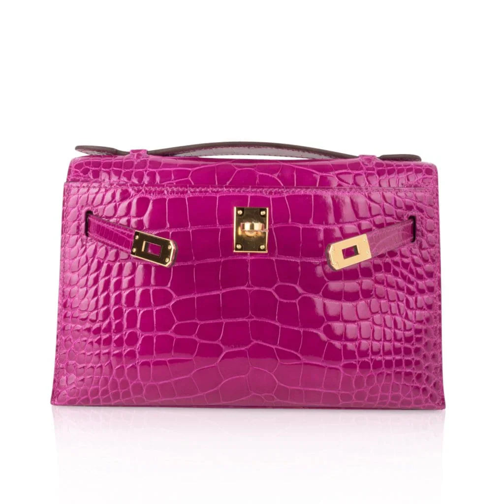 Kelly Pochette Clutch Bag Rose Scheherazade Pink Alligator Gold Hardware